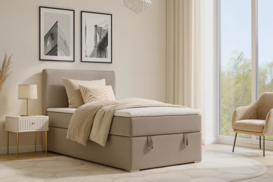 Stijlvol ingerichte slaapkamer met beige DAGA MINI boxspringbed.
