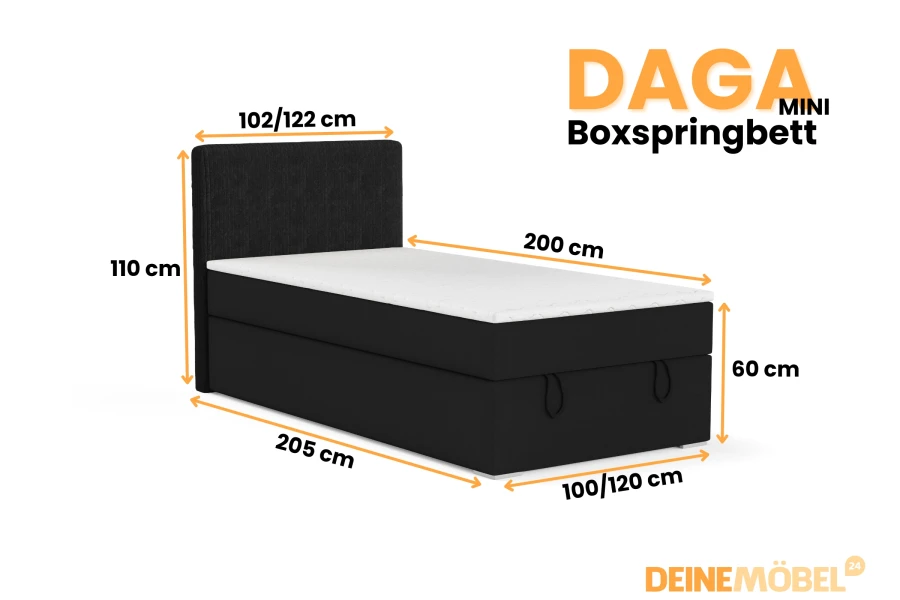 Daga Mini boxspringbed afmetingen: technische tekening met afmetingen voor verschillende maten.