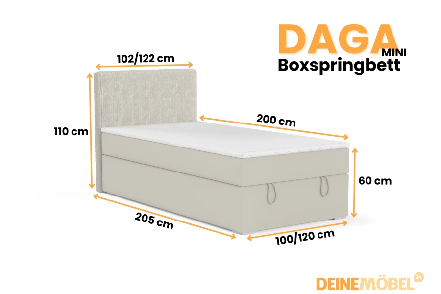 Afmetingen van het DAGA MINI boxspringbed: 100/120x200 cm ligoppervlak en 110 cm hoogte.