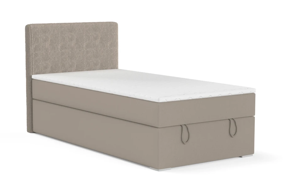 Beige boxspring bed DAGA MINI with corduroy headboard, topper and practical storage box.