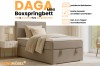 Infographic voor de DAGA MINI boxspring met details over de opbergbox, topper en het ontwerp.