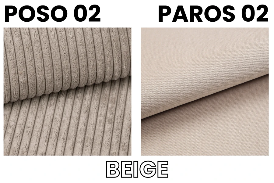 Fabric samples in beige: POSO 02 corduroy structure and PAROS 02 smooth upholstery fabric.