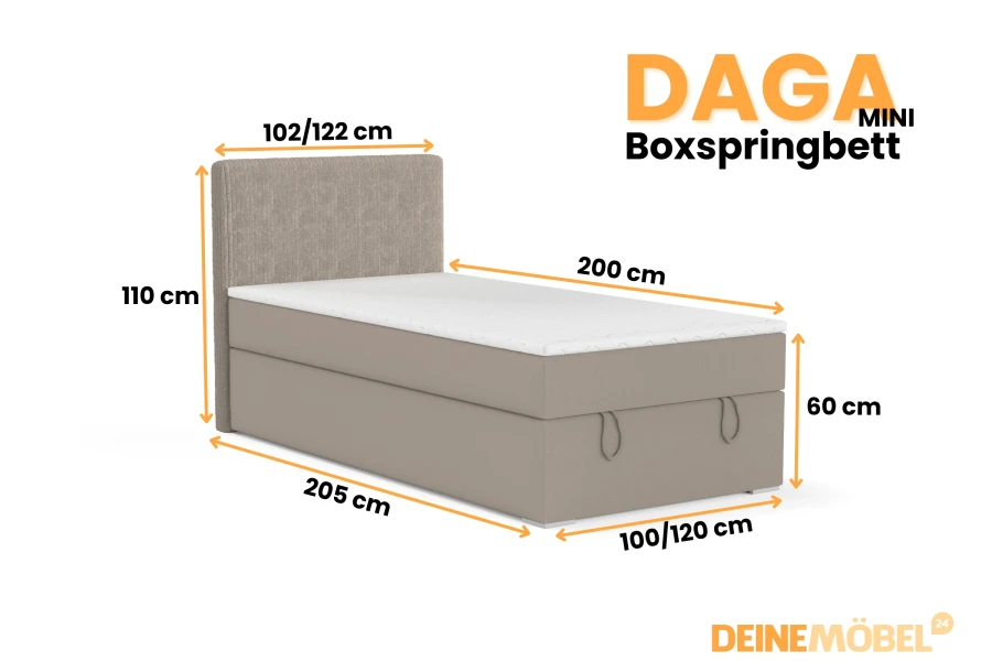 DAGA MINI boxspring afmetingen: 100/120x200 cm ligoppervlak en 110 cm hoofdbordhoogte.