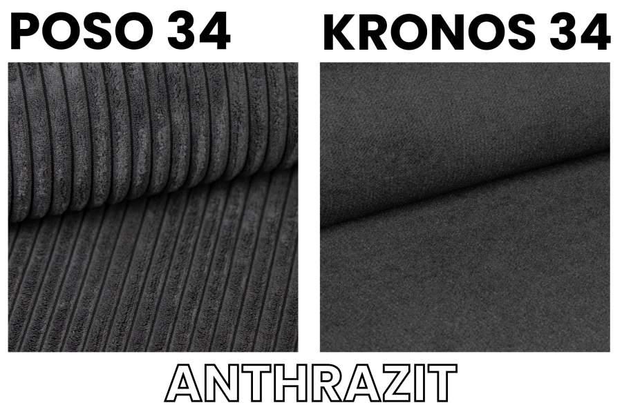 Fabric samples Poso 34 and Kronos 34 in anthracite for upholstered furniture and box spring beds.