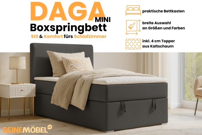 Daga Mini boxspringbed reclameafbeelding met details over de opbergbox, kleurkeuze en koudschuimtopper.