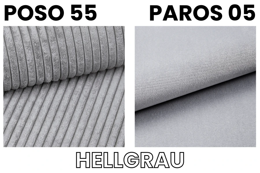 Fabric samples Poso 55 and Paros 05 in light grey for the DAGA MINI box spring bed.