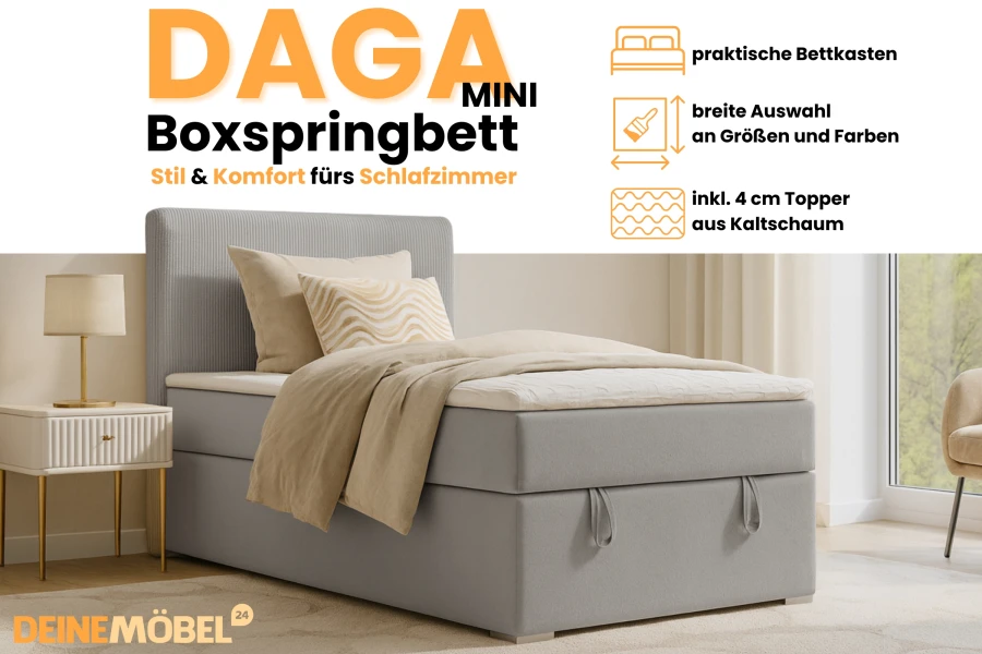 Infographic for the DAGA MINI box spring bed with storage box and 4 cm cold foam topper.