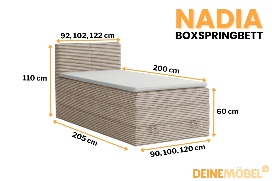 NADIA Boxspringbett Maße: Erhältlich in 90, 100 oder 120 cm Breite mit schickem Cordbezug.