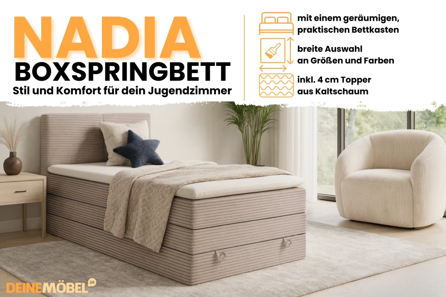 Nadia Boxspringbett für das Jugendzimmer mit Bettkasten und Kaltschaum-Topper.