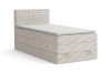 Beiges Boxspringbett aus Cord-Stoff mit hohem Kopfteil, isoliert auf Weiß.