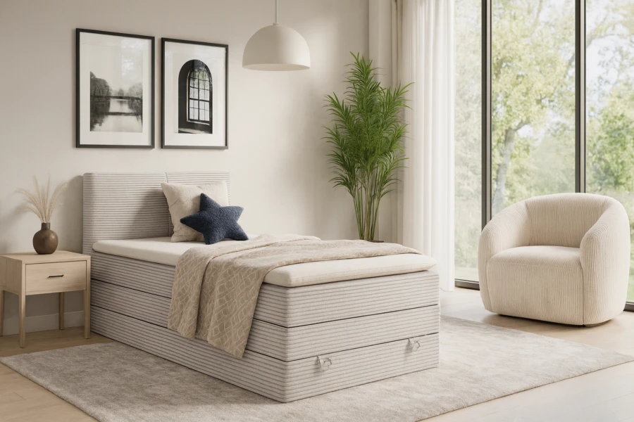 Modernes Boxspringbett in Beige mit Cord-Stoffbezug POSO 100 in hellem Schlafzimmer.