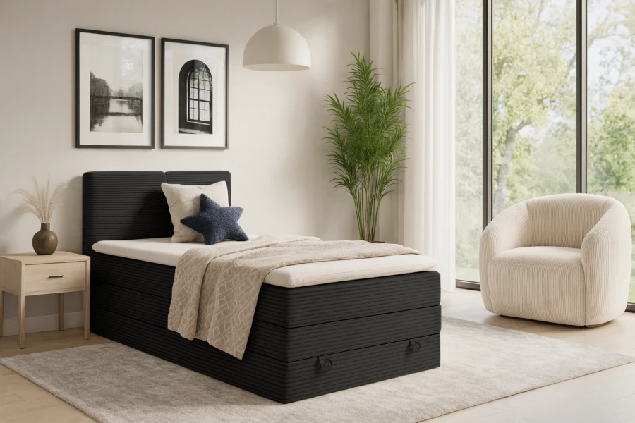 Modernes Schlafzimmer-Design mit schwarzem Polsterbett aus Cord