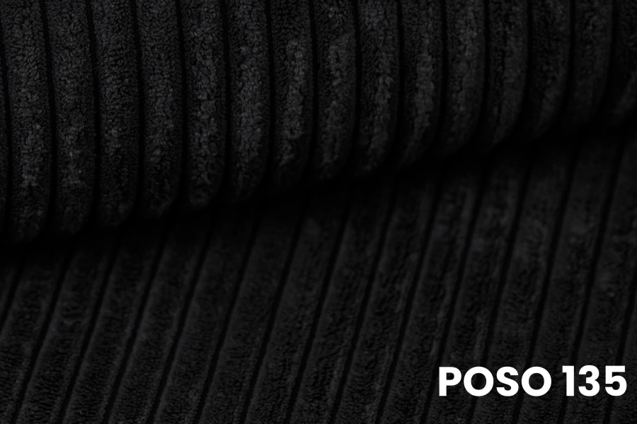 Nahaufnahme POSO 135 Textur in Schwarz-Anthrazit, weicher Cord-Polsterstoff.