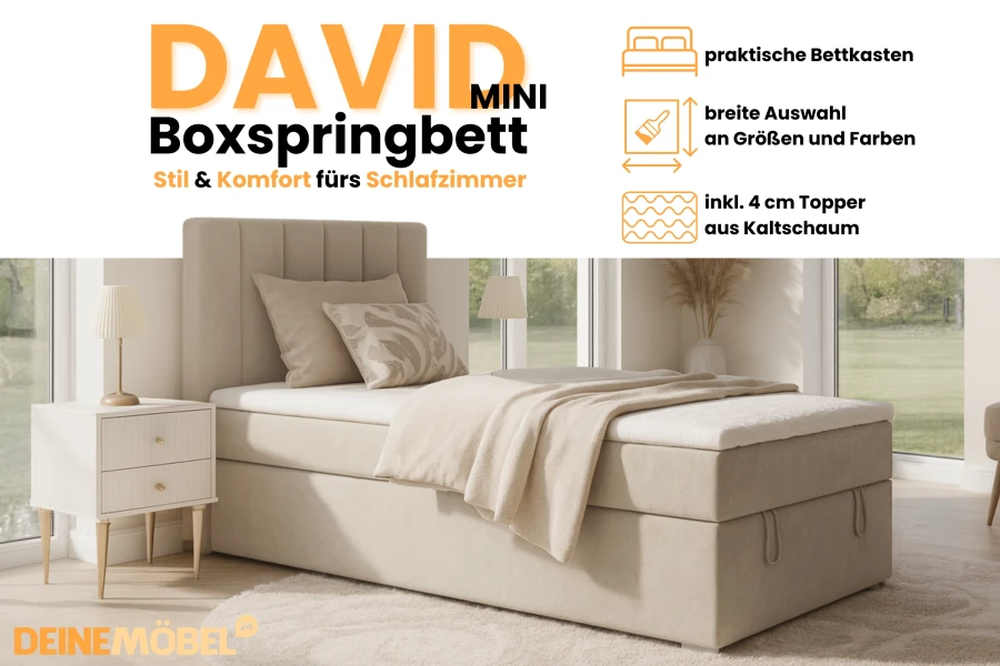 David Mini boxspring bed in beige with bed storage and cold foam topper for the bedroom.