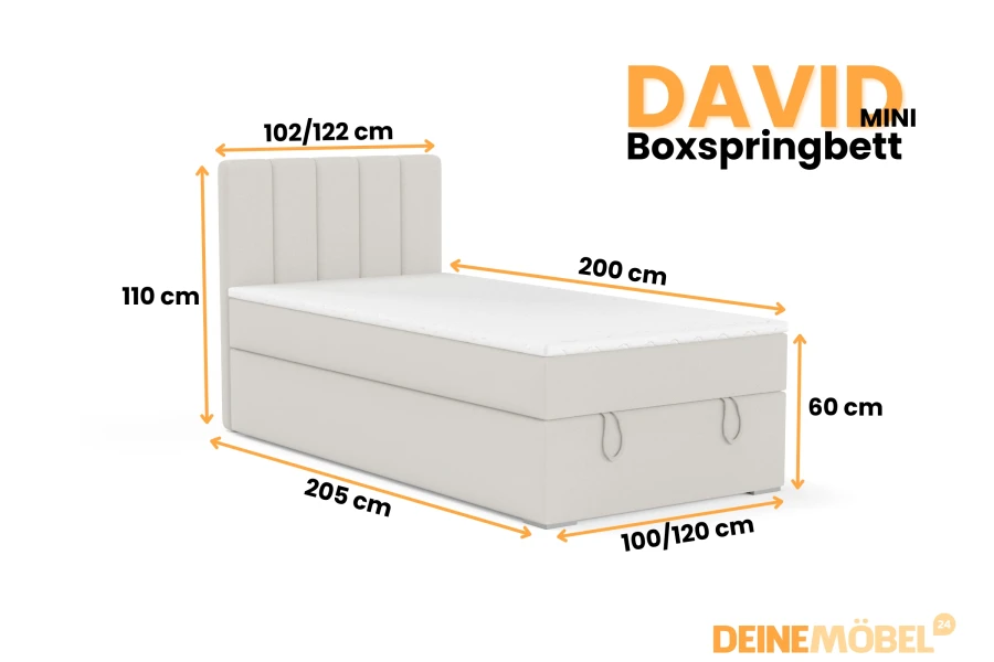 Dimensions of the David Mini boxspring bed with various size options and height details.