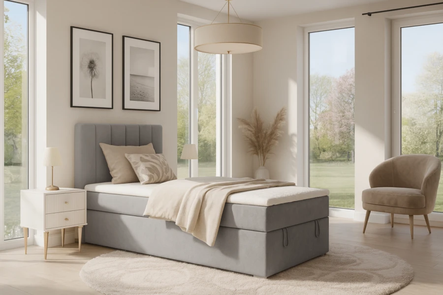 Modern grijs boxspringbed in een lichte slaapkamer met nachtkastje.