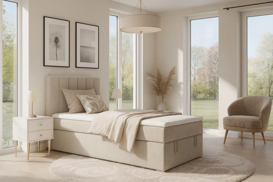 Gezellige slaapkamerambiance met het beige boxspringbed David Mini in licht design.