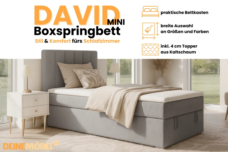 Boxspringbed David Mini in lichtgrijs met opbergruimte en topper in de slaapkamer.