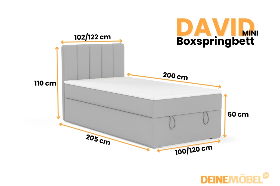 Afmetingen van het boxspringbed David Mini: overzicht van hoogte, breedte en diepte.