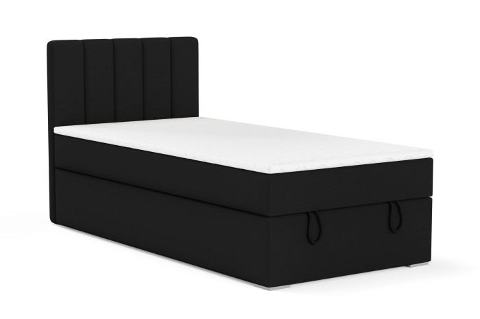 Elegant boxspringbed David Mini in zwart met gestoffeerd hoofdbord voor de slaapkamer.