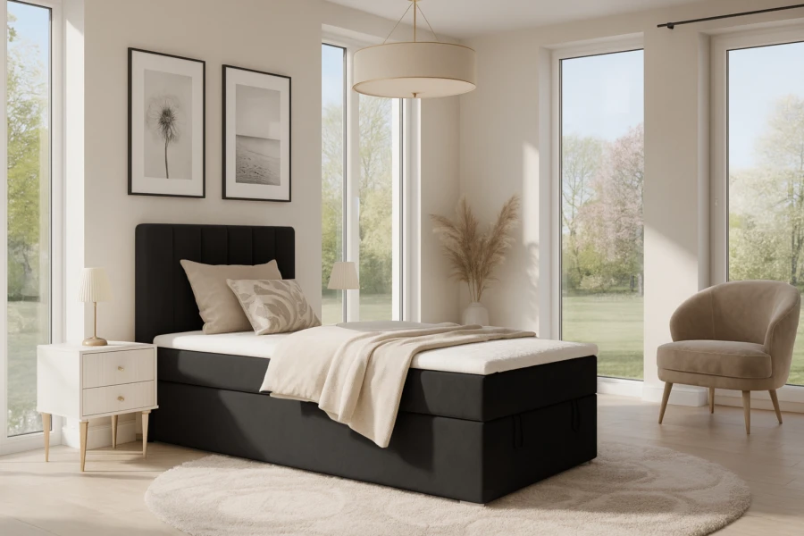 Zwart boxspringbed David Mini in een moderne slaapkamerambiance met veel daglicht.
