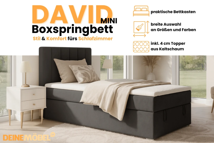 Modern David Mini box spring bed in dark grey with bed storage box and topper for stylish bedrooms.