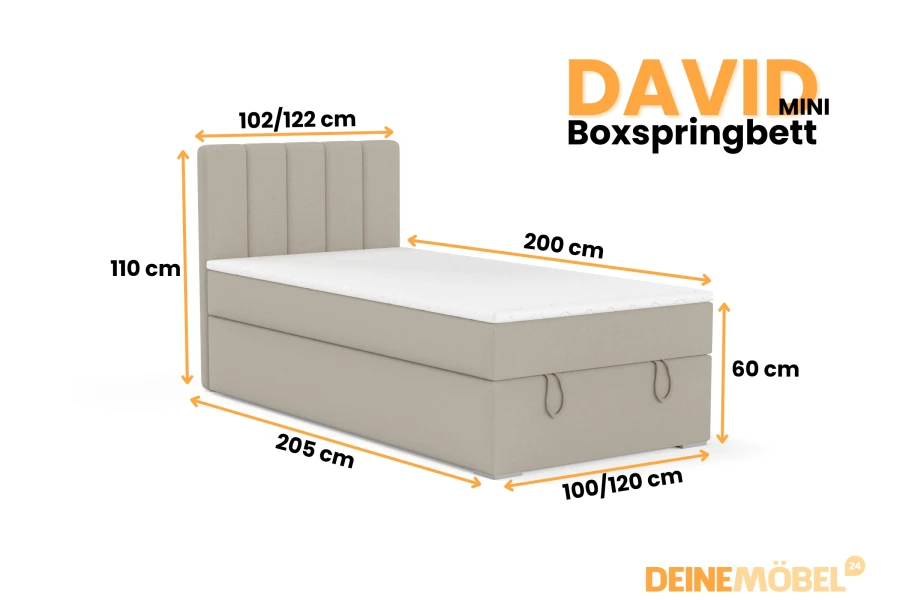 Dimensions of the David Mini box spring bed: 100/120x200 cm lying surface with bed base and headboard.