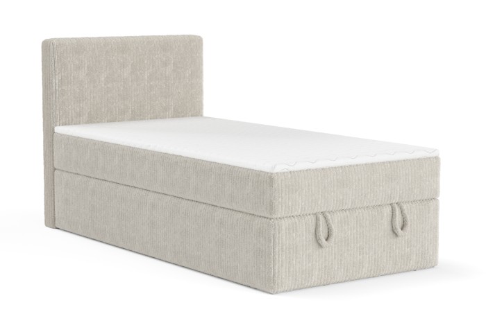 Beige boxspring Denis Mini met bekleding van ribstof en gewatteerd hoofdbord.