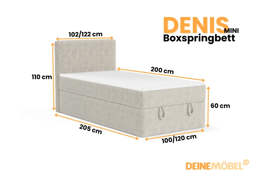 Afmetingen voor de Denis Mini boxspring: 100/120 cm breedte en 205 cm lengte.