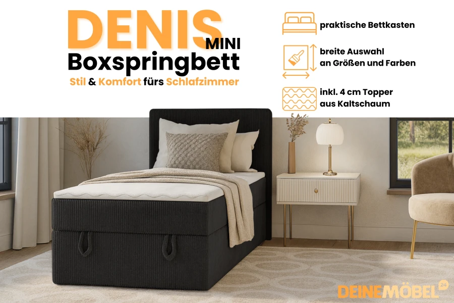 Boxspringbed Denis Mini in het zwart met opbergruimte en topper in een moderne slaapkamer.
