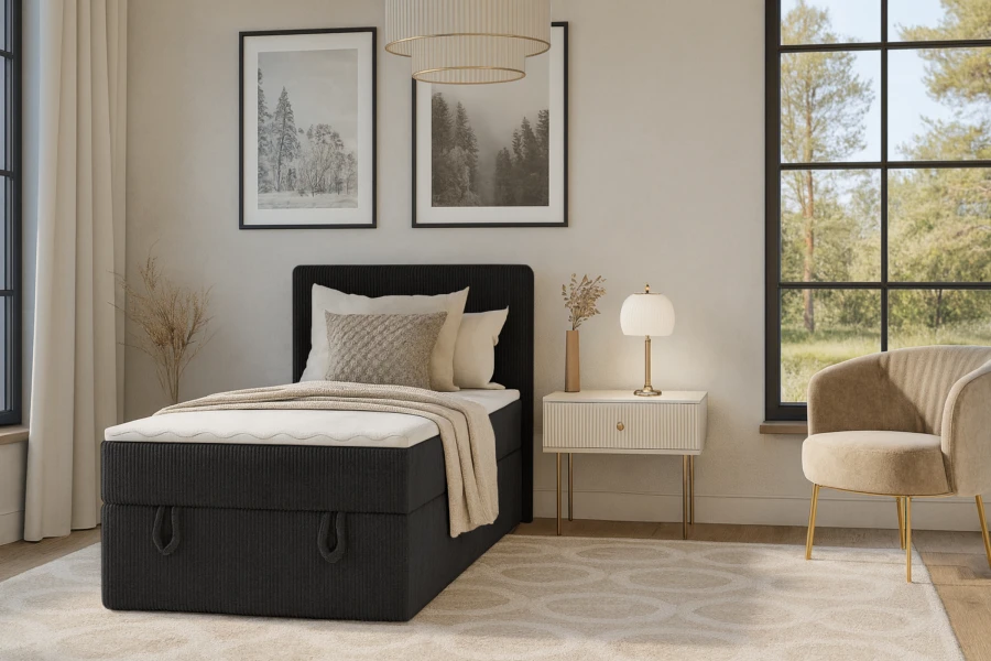 Elegant Denis Mini boxspringbed in zwart corduroy design in een moderne slaapkamer.