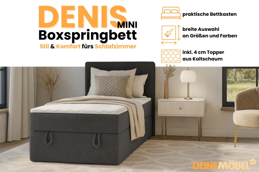 Denis Mini boxspringbed banner met highlights: praktische opbergruimte, kleurkeuze en koudschuim-topper.