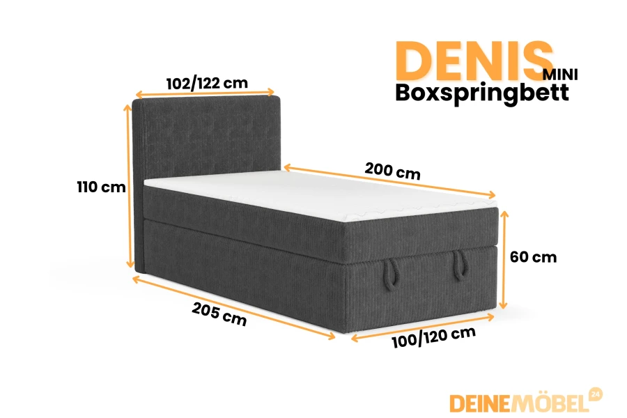 Maten en afmetingen voor het boxspringbed Denis Mini: 100/120 cm breedte en 200 cm lengte.