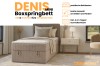 Promotional graphic for the Denis Mini box-spring bed with highlights such as under-bed storage and cold foam topper.
