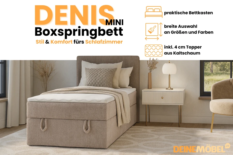Promotional graphic for the Denis Mini box-spring bed with highlights such as under-bed storage and cold foam topper.