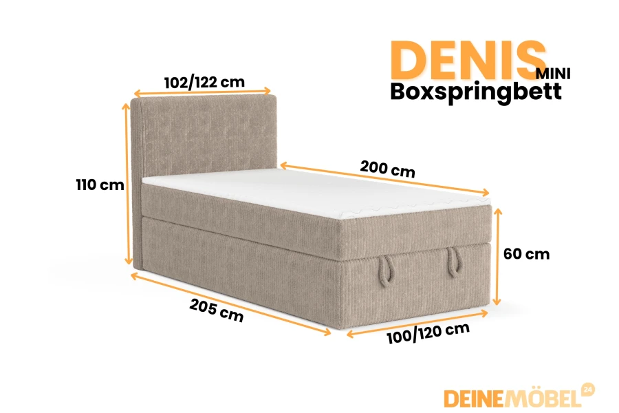 Denis Mini boxspringbed afmetingen: Beige eenpersoonsbed met corduroy-bekleding en opbergruimte.