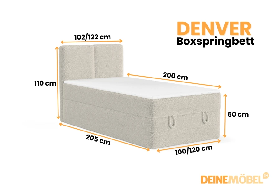 Abmessungen des Denver Boxspringbetts mit Höhen- und Breitenangaben in Zentimetern.