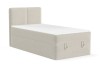 Modernes Einzel-Boxspringbett in Beige aus Bouclé-Stoff mit integriertem Bettkasten auf weißem Hintergrund.