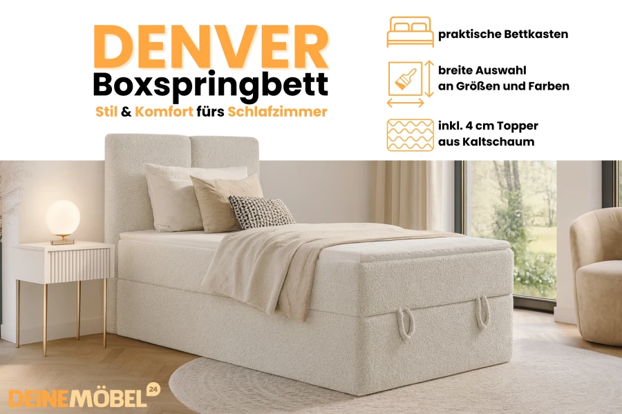 Werbegrafik Denver Boxspringbett: Details zu Bettkasten, Farbauswahl und inklusivem Kaltschaum-Topper.