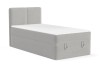Modernes hellgraues Einzel-Boxspringbett mit gepolstertem Kopfteil und Bettkasten auf weißem Hintergrund.
