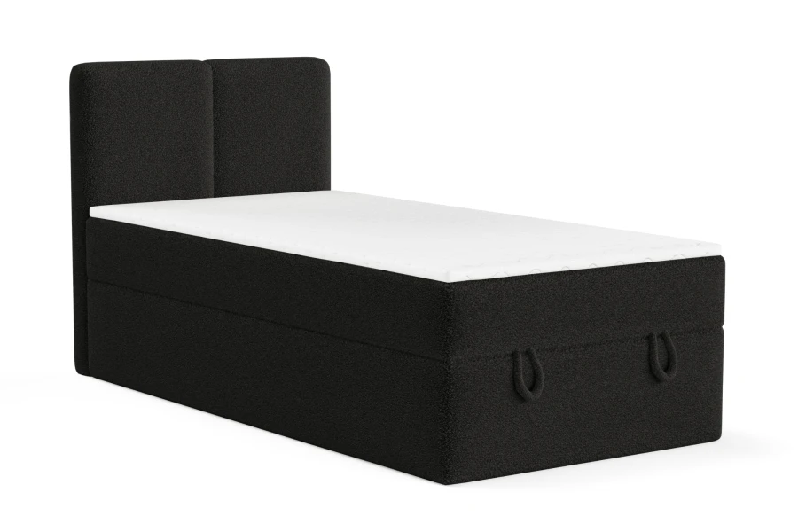 Anthrazitfarbenes Boxspringbett aus Bouclé-Stoff mit praktischen Schlaufen.