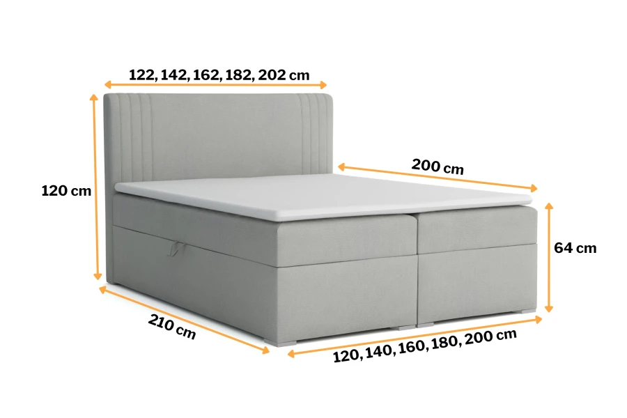 Afmetingen en maten van het grijze boxspringbed Kai in een overzicht.