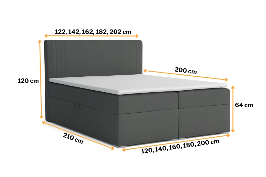 Technische tekening met afmetingen voor het boxspringbed Kai in verschillende maten.