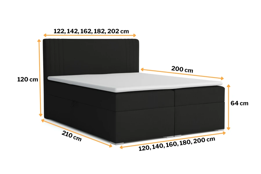 Technische tekening met afmetingen voor het boxspringbed Kai in verschillende maten.