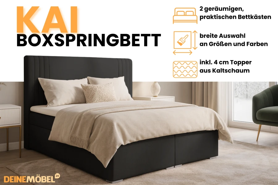 Infographic over het boxspringbed Kai met details over opbergruimtes, topper en kleurkeuze.
