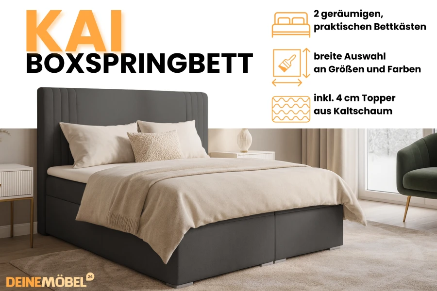 Grijs Kai boxspringbed met twee bedbakken en inclusief 4 cm koudschuimtopper in een moderne slaapkamer.