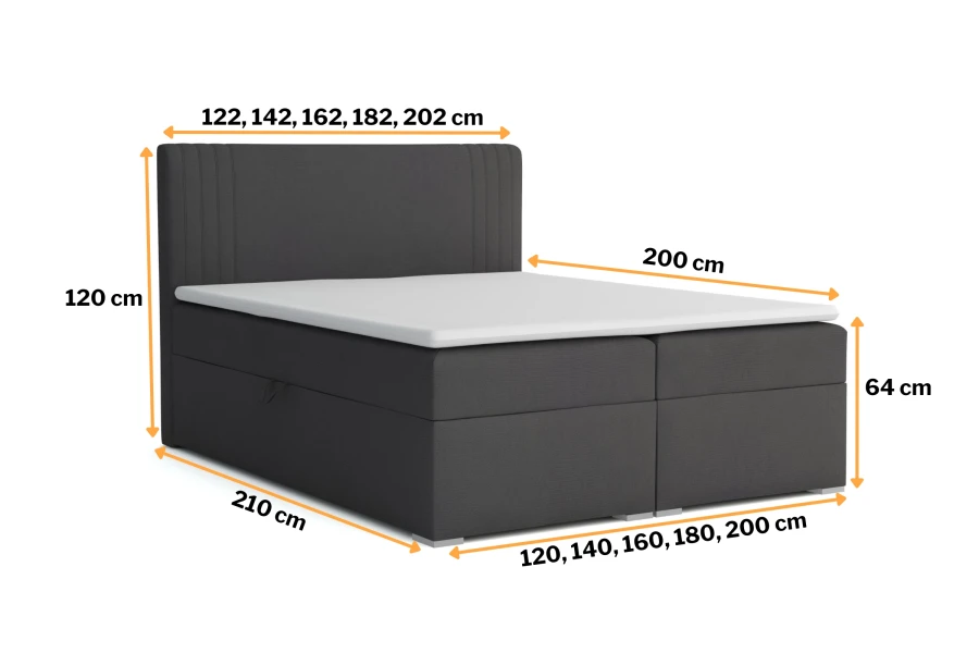 Gedetailleerde maten en afmetingen voor het Kai boxspringbed in verschillende breedtes und 210 cm lengte.