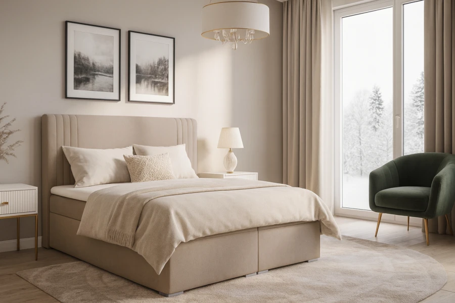 Modernes Boxspringbett Kai in Beige mit gepolstertem Kopfteil im hellen Schlafzimmer.
