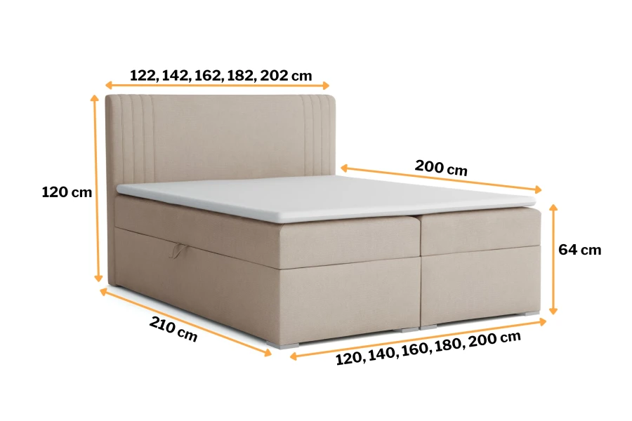 Infografik mit den verfügbaren Maßen und Abmessungen des Boxspringbettes Kai.