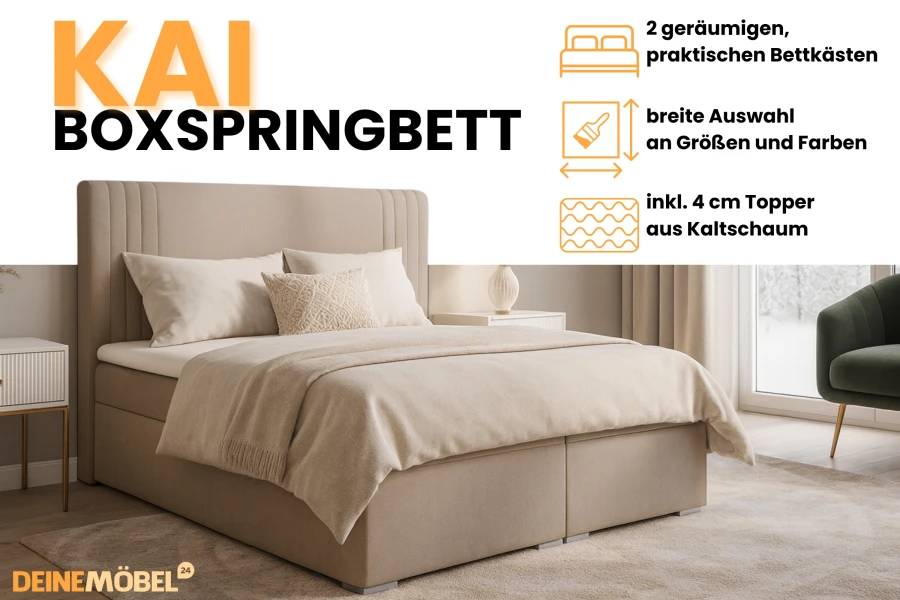 Boxspringbett Kai Highlights: Bettkästen, Farbauswahl und inkludierter Kaltschaum-Topper.